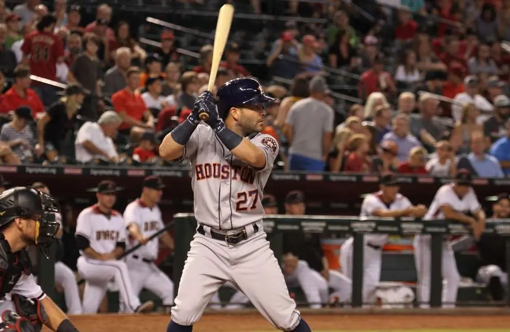 A Houston Astros baseball player stands at bat.