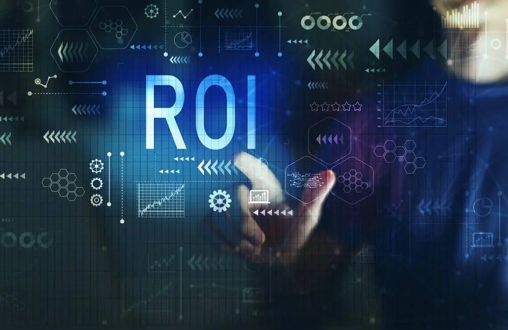 Hand touches digital screen with 'ROI' and financial icons, indicating investment analysis.