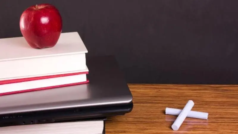 An apple sits on top of a stack of books with two pieces of chalk on the table.