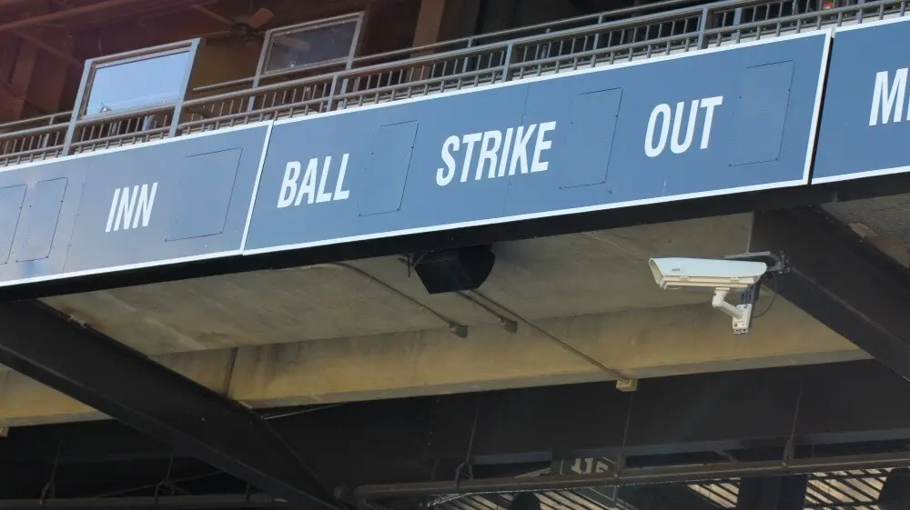 A closeup of the scoreboard at a baseball stadium.