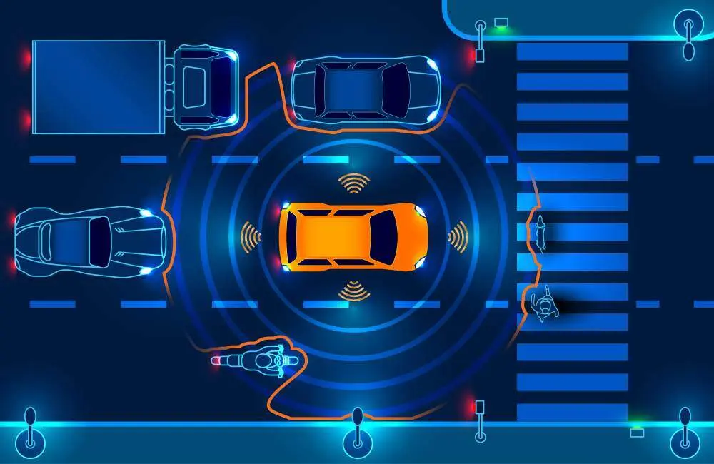 A graphic of a self-driving vehicle with concentric circles radiating out from its center to create a boundary between the other cars and pedestrians.