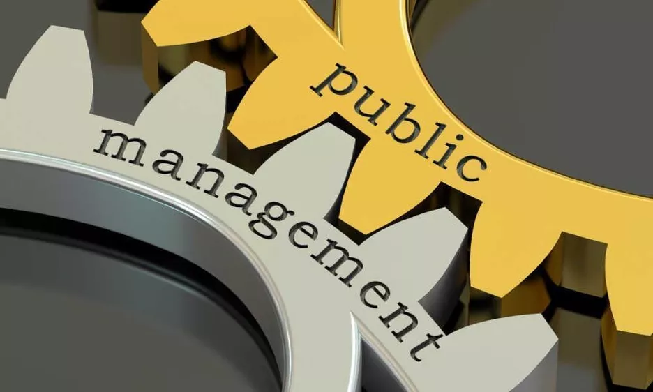 A yellow gear with the word "public" intersects with a gray gear with the word "management."