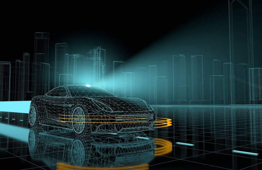 A digital rendering of a car's external design with outlines of city buildings in the background.