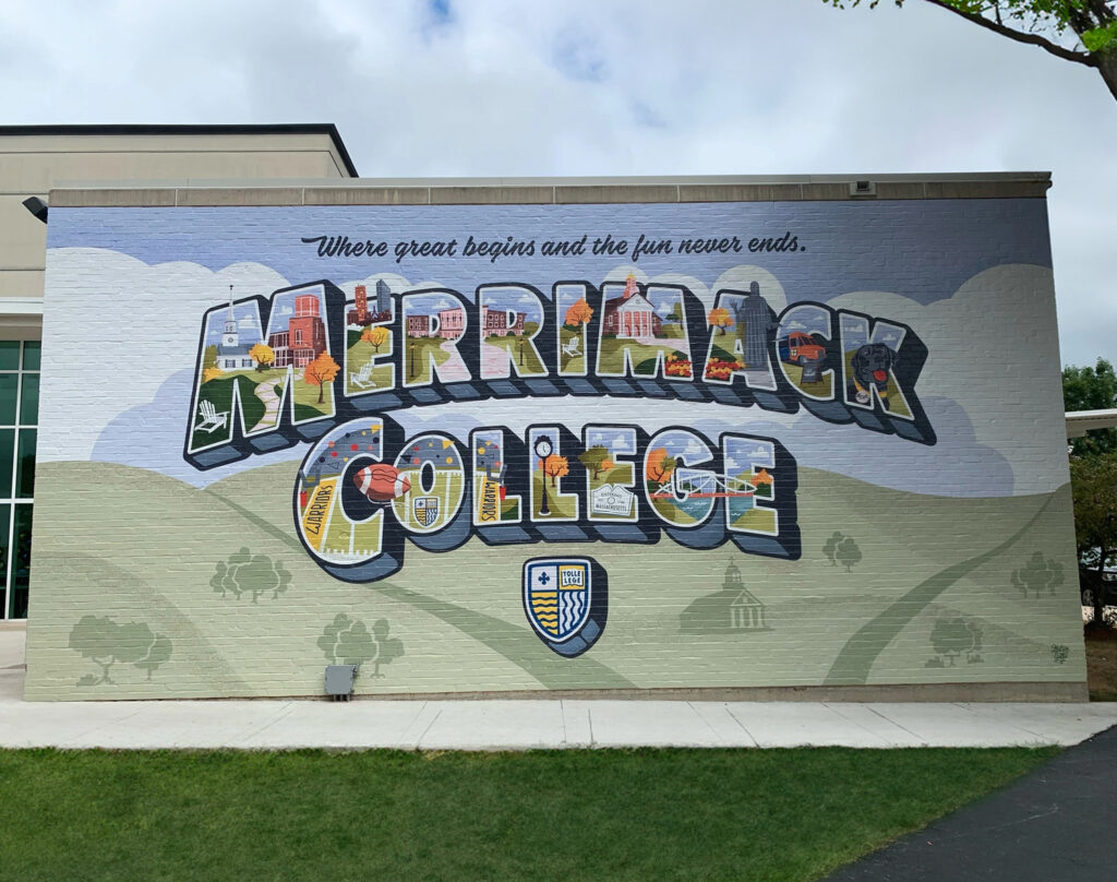 A Merrimack College sign on campus.