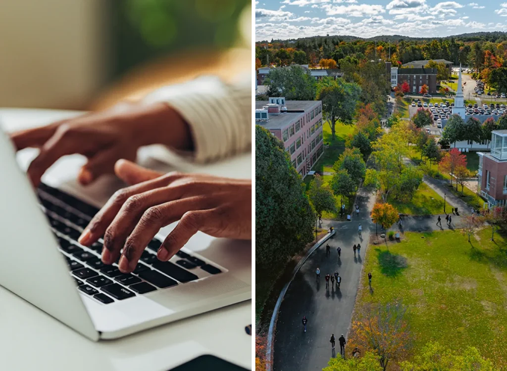 A split image with hands typing on a laptop on the left side and a view of the Merrimack campus on the right side.